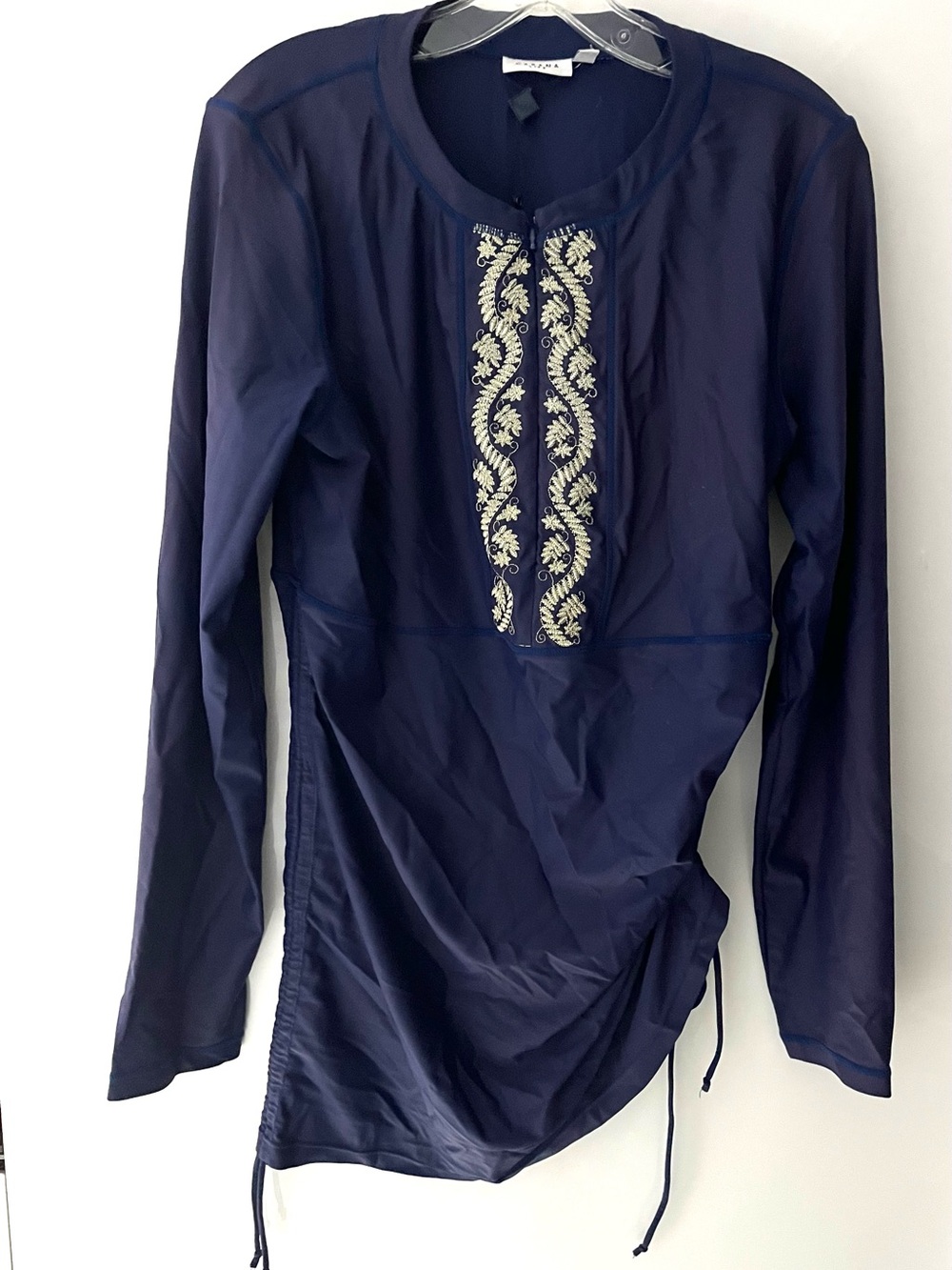 Cabana Life Navy Blue Embroidered Convertible Ruched Rashguard Top - NWT